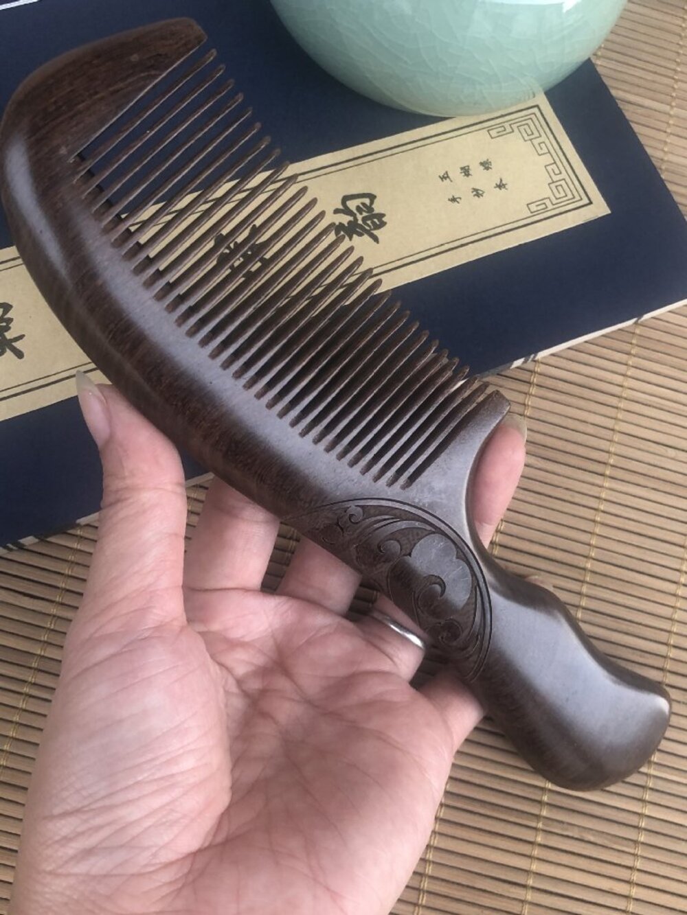 3 of Black Gold Sandalwood Hair Comb Double‑Sided Carved Gift for Women Men #505